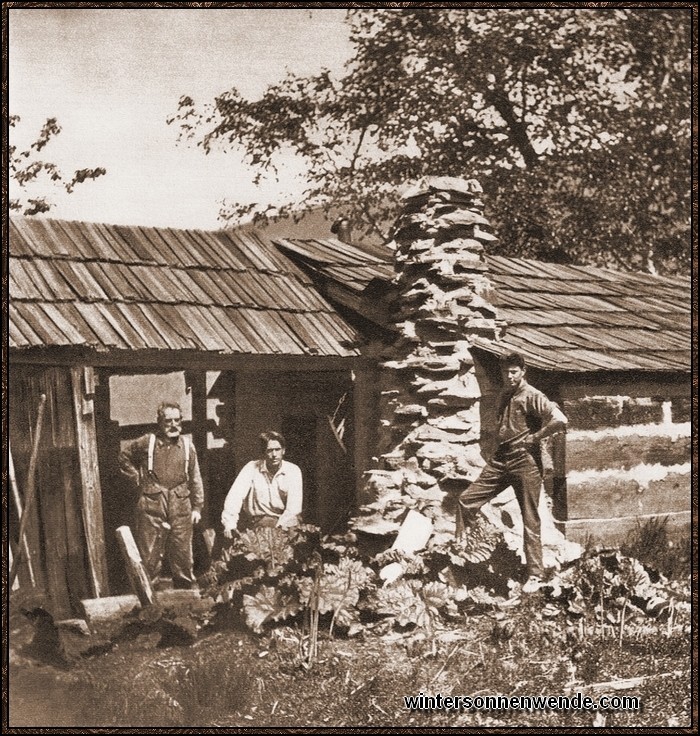 Primitives Blockhaus eines eben mit seiner Arbeit beginnenden deutschen Siedlers im
Westen Kanadas.