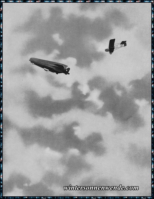 Ein Zeppelin im Zweikampf mit einem französischen Zweidecker.