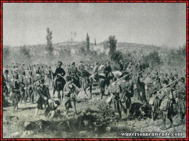 Vormarsch österreichischer Infanterie auf dem Monte
Belvedere bei Custozza 1866.