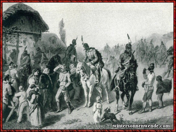 Manöver 1861. Husaren in einem ungarischen Dorf.