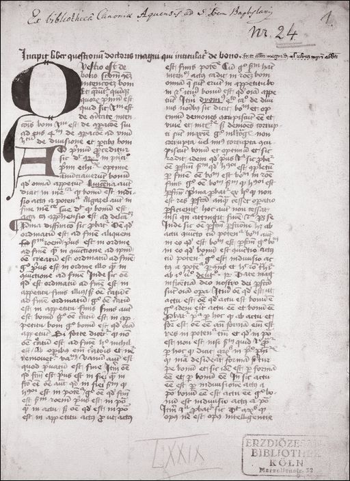 Der Anfang von Alberts Abhandlung 'Über das Gute' in der Handschrift Köln, Dombibliothek, Codex 1024.