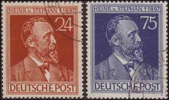Gedenkmarken der Deutschen Post zum 50. Todestag von Heinrich von Stephan.