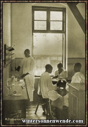 Eingeborene Laboratoriumsgehilfen im Seucheninstitut Daressalam,
Deutsch-Ostafrika.