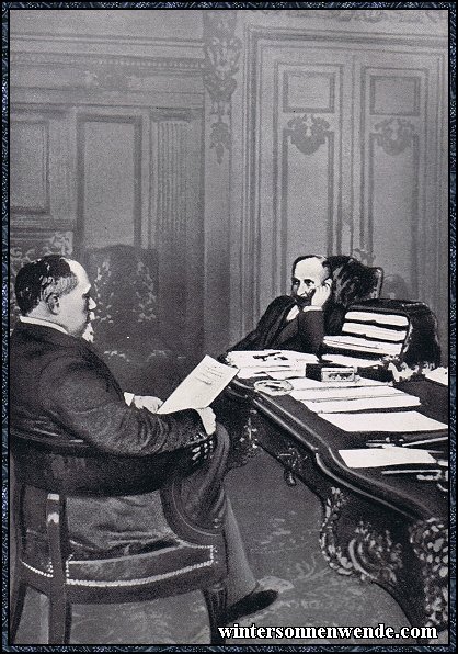Präsident Poincaré und Ministerpräsident
Sasonow beschließen den Krieg, Petersburg, Ende Juli 1914.