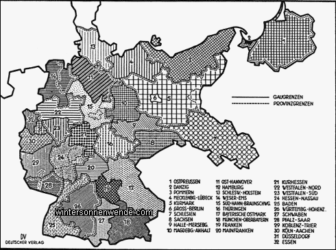 Die Grenzen der 32 Gaue der NSDAP.