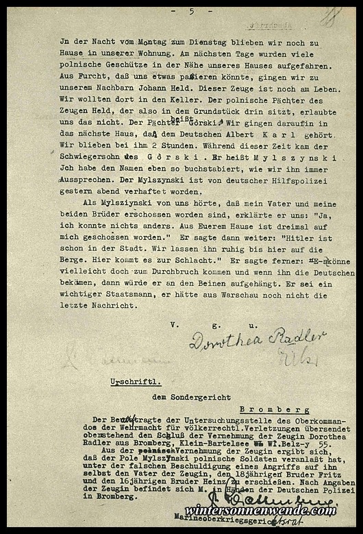 Statement of 
14-year-old Dorothea Radler, last page of protocol.